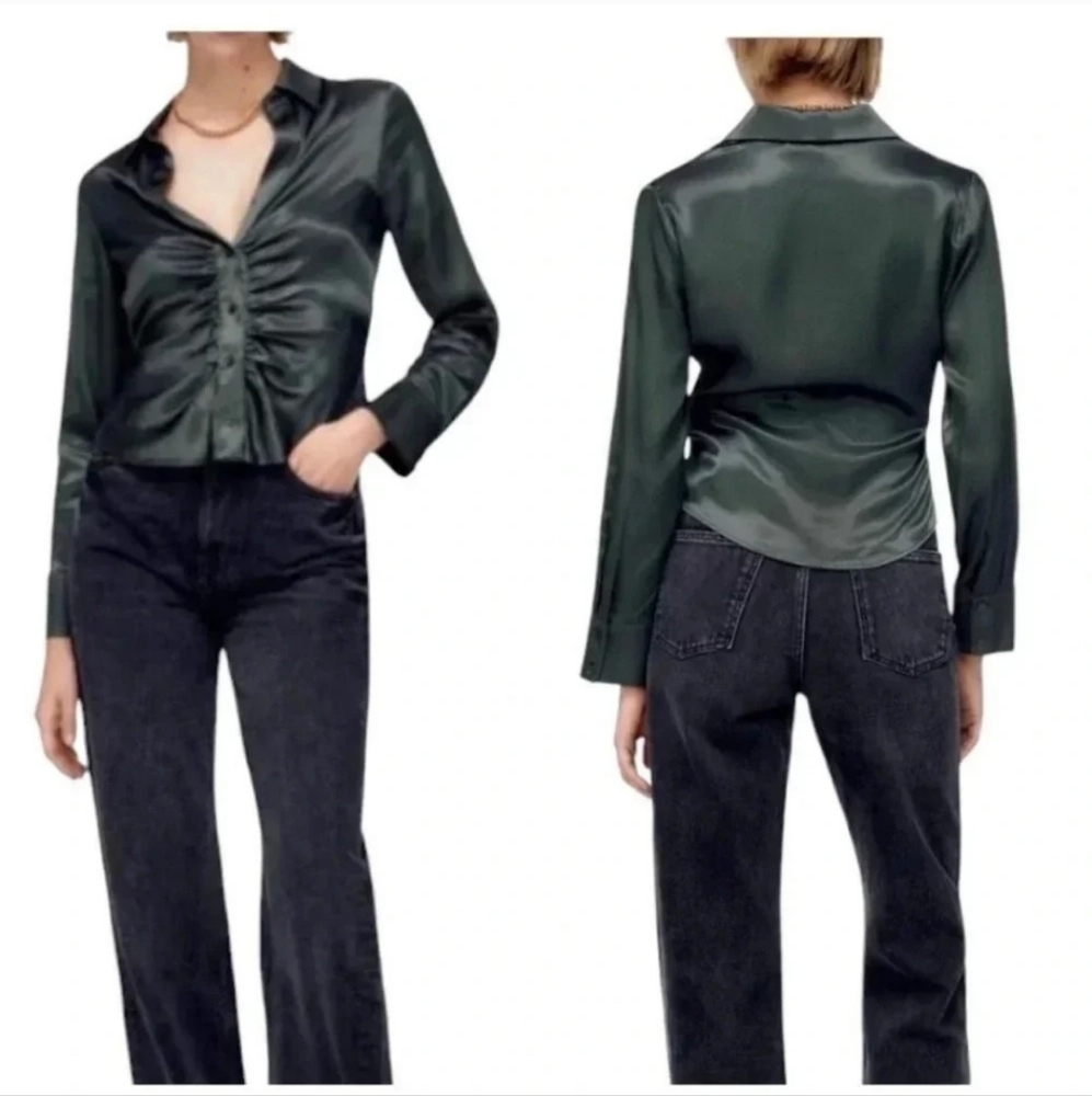 Zara Satin Effect Collared Low Cut Ruched Longsleeve Button Down Blouse Top Glam